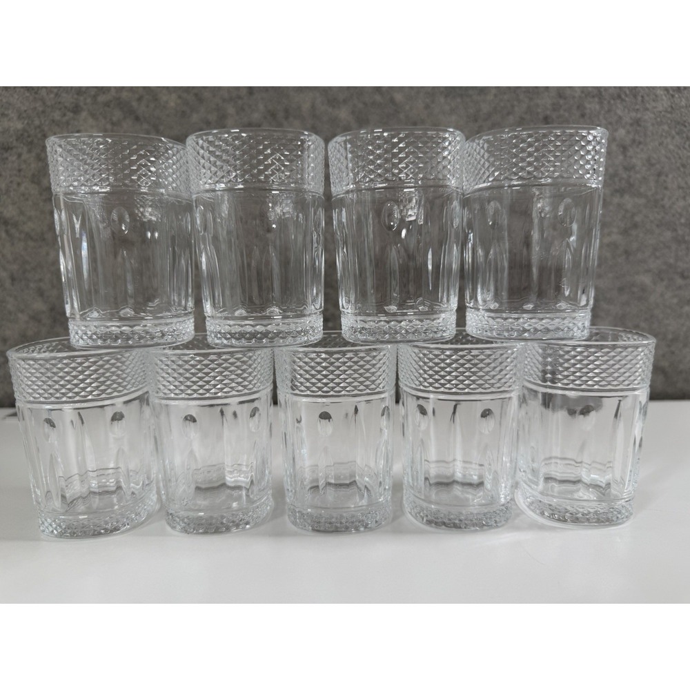 VTG Mod France Beaded Diamond Juice Glasses Lot of 9 MCM Clear Pressed Tumblers